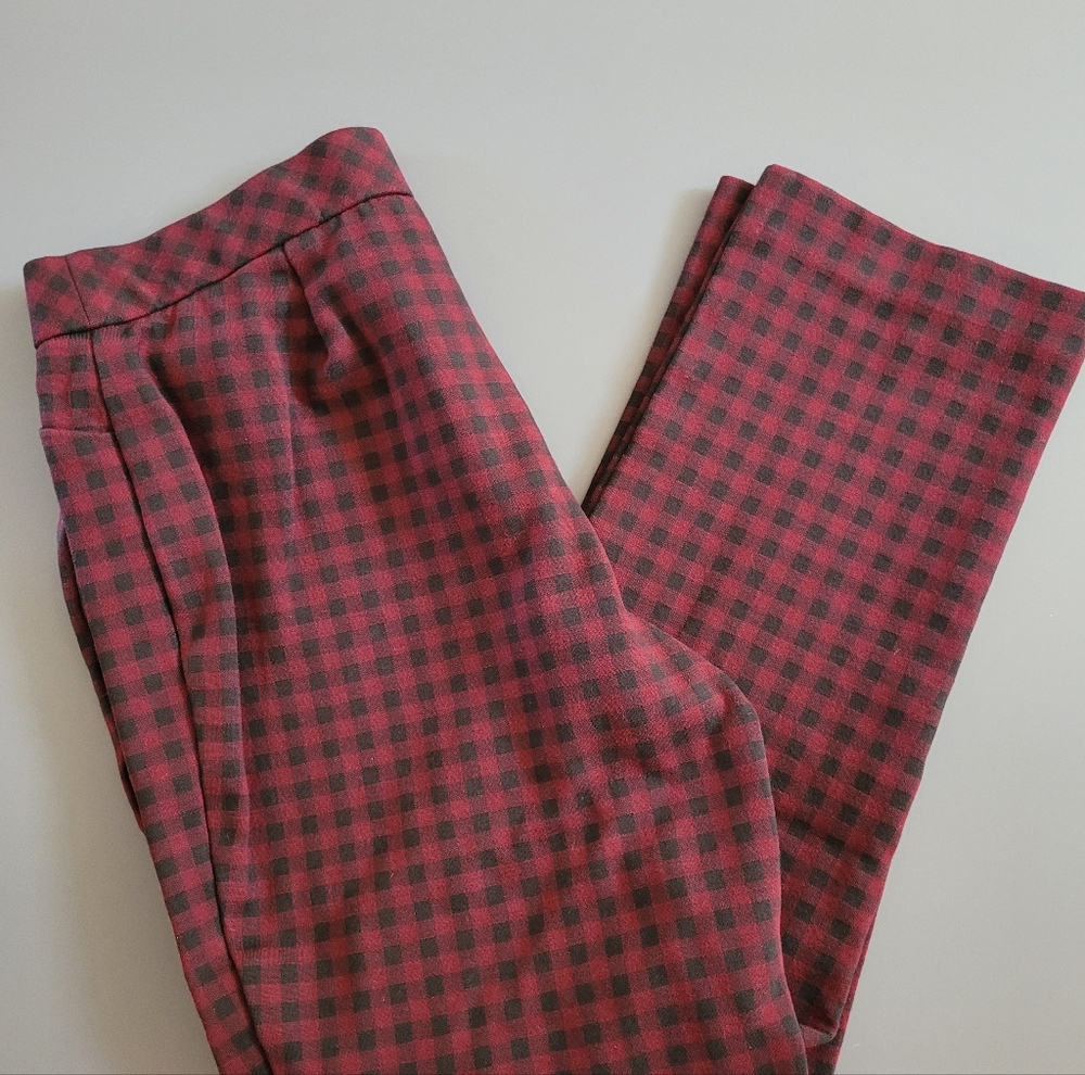 J Jill Burgundy/Black Ponte Slim Leg Pull On Pants Small Checkered Elastic Waist